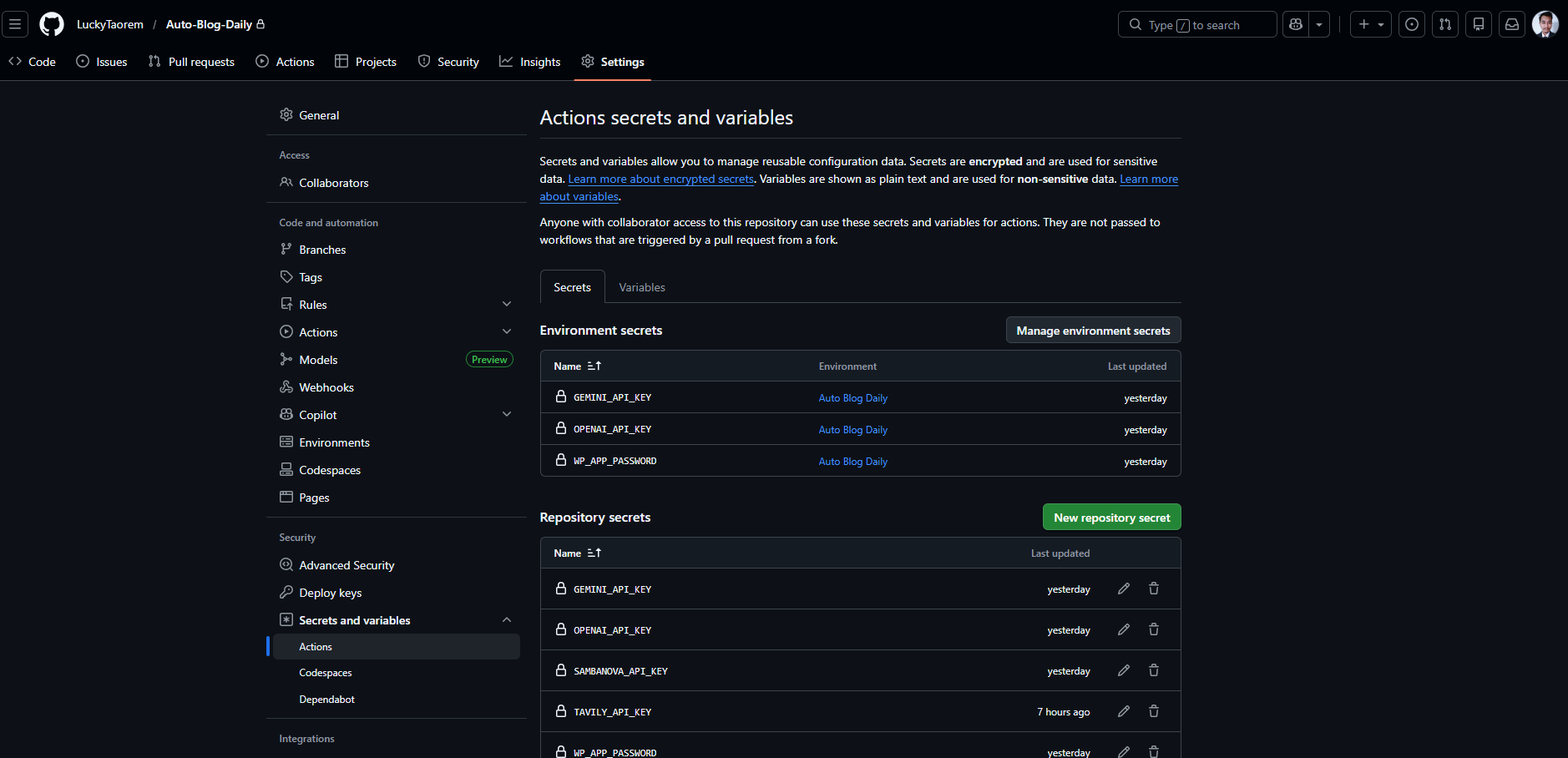 screenshot of the GitHub Settings > Secrets and variables > Actions screen