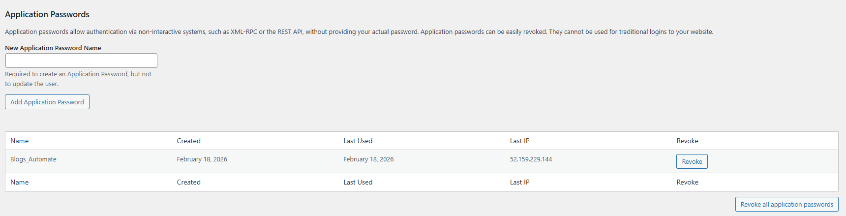 screenshot of the WordPress Application Passwords